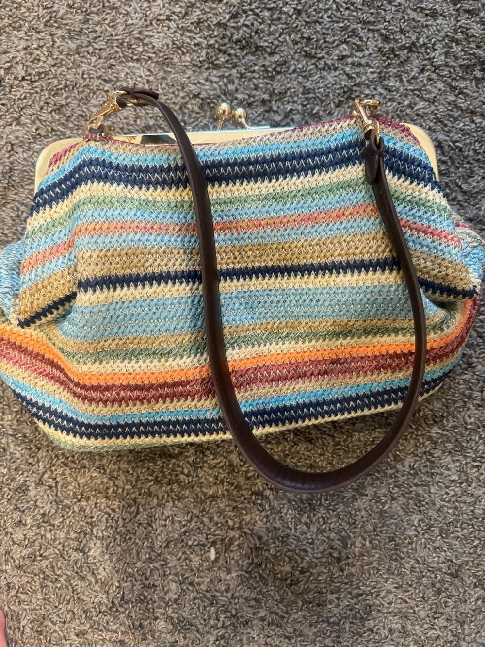 Amazon Multicolor Striped Knit kiss lock Shoulder Bag with Dark Brown Strap dupe - Picture 1 of 4